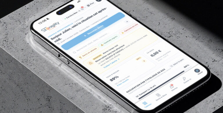 Tableau de bord de l'application Storagility sur Android avec taux d'occupation et revenus encaissés